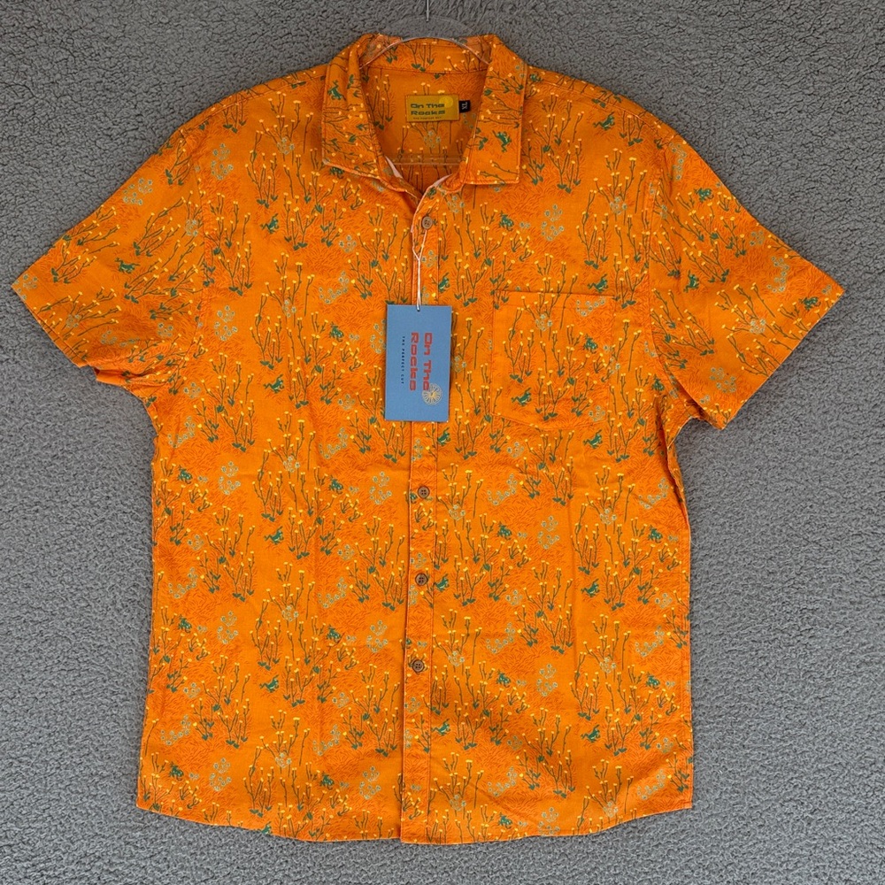 On The Rocks men’s XL Orange Floral & frog print Mens short sleeve Shirt stretch